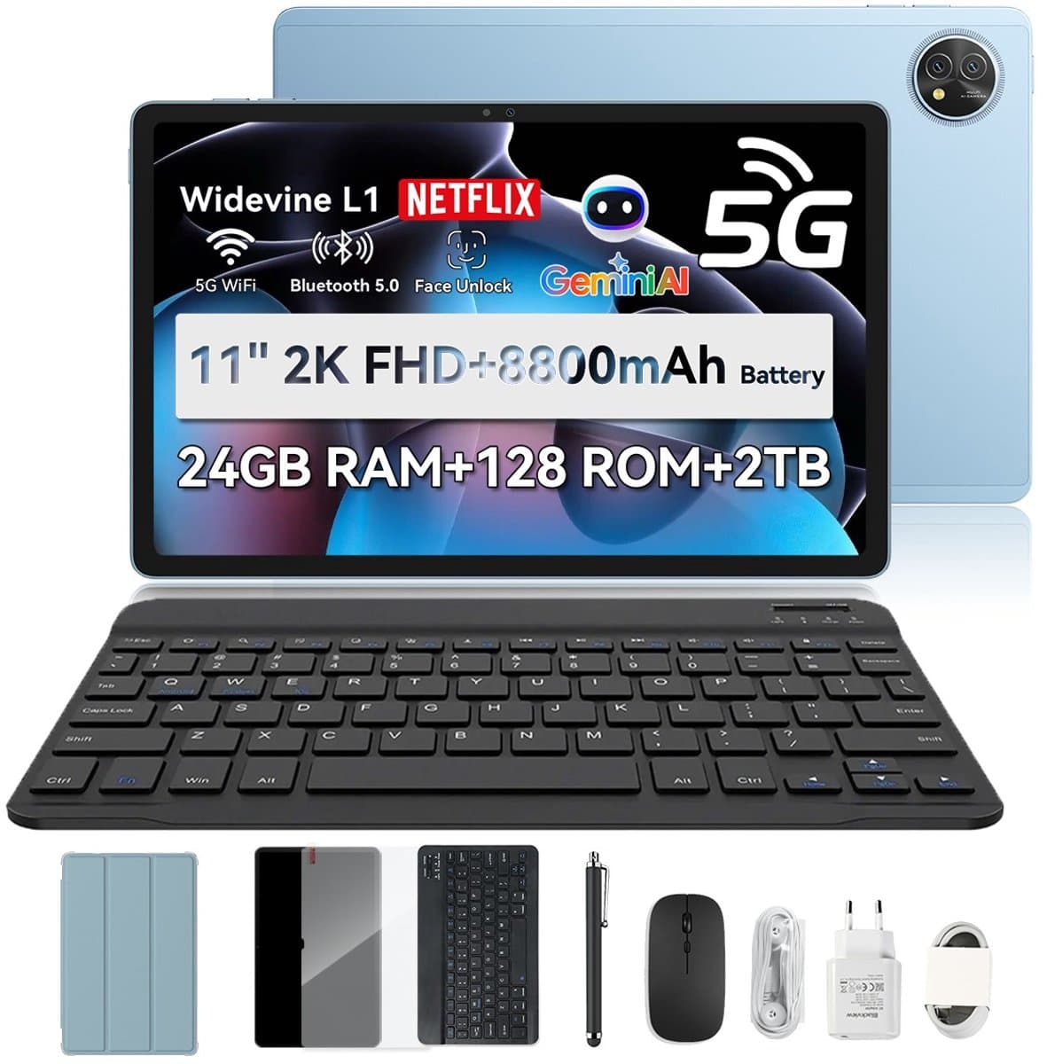 Blackview ZENO 10 Tablet - 5G AI Tablet - 24GB RAM - 128 GB ROM - 11 inch - 8800mAh - Met Toetsenbord(QWERTY), Beschermhoes, Muis, Stylus - Android 15 Tablet - Widevine L1 - GPS - Blauw — afbeelding 1