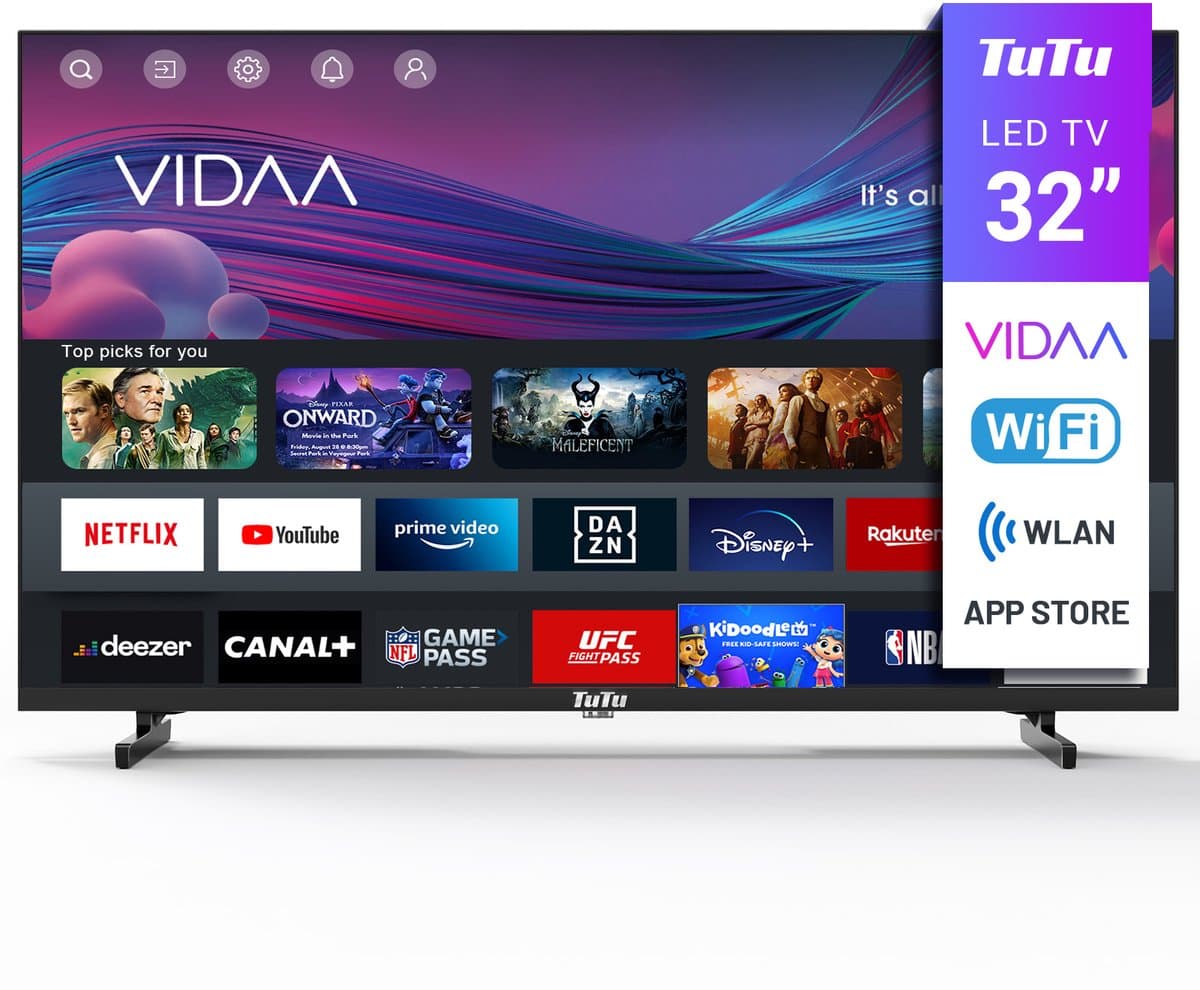 TuTu Vidaa TV - LED HD - 32 inch/82 cm - Frameless Design - Tripple Tuner DVB-T/T2/S/S2/C - HDMI x3, USB x2, CI+ - Streaming apps - In Eindhoven geassembleerd - TUV32HQ1B — afbeelding 1