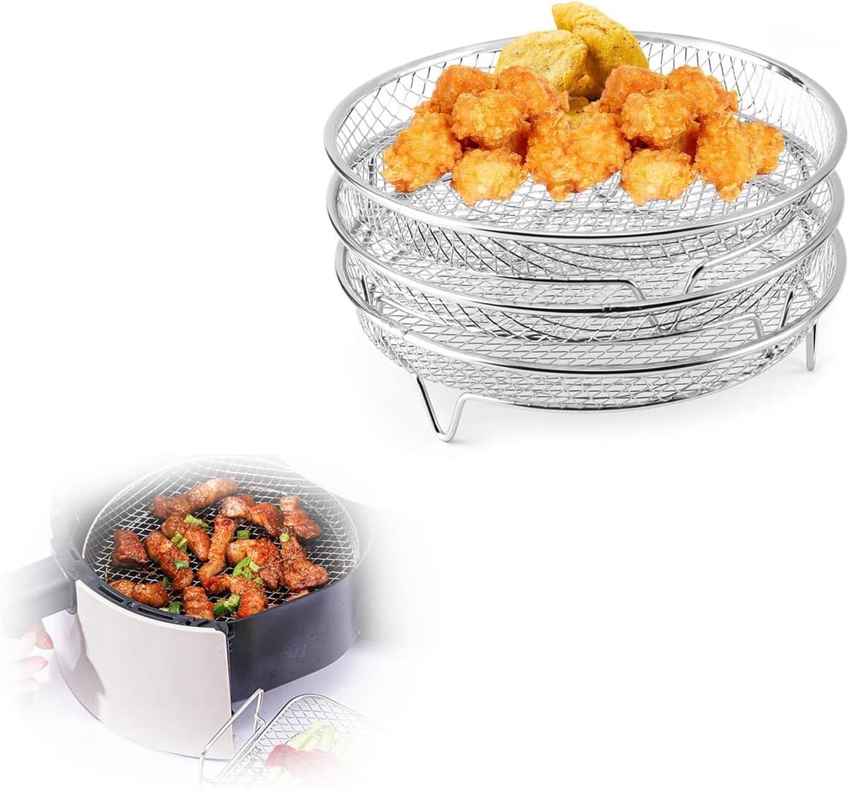 3 stuks ronde Airfryer Mand van roestvrij staal - Antiaanbaklaag voor eenvoudig schoonmaken - Rond grillrooster - Bakplaat - 20,5 * 20,5 * 8,5 cm - Geschikt voor Airfryers en ovens van 4,2-5,8 liter-zilver — afbeelding 1