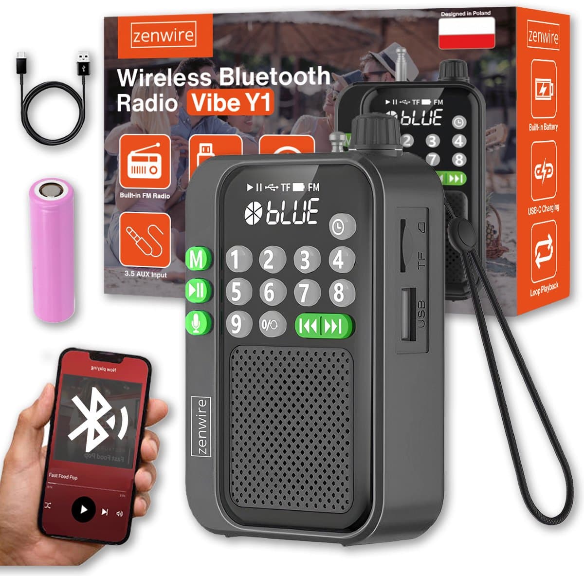 Zenwire® Y1 – Mini FM Radio & Bluetooth Speaker – Zakformaat – Voor Bouw/Koken – Batterijgevoed – Krachtig Geluid – Antenne – MP3 USB/TF – Licht & Draagbaar — afbeelding 1