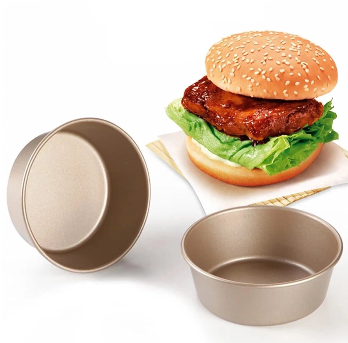 Hamburgerbroodjesvorm van 10 cm, ronde antiaanbakvorm, herbruikbare roestvrijstalen bakvorm voor mini-airfryer, geschikt voor het maken van hamburgers, Kughoff-cakes, grote muffins en mini-taartjes - verpakking van 2 — afbeelding 1