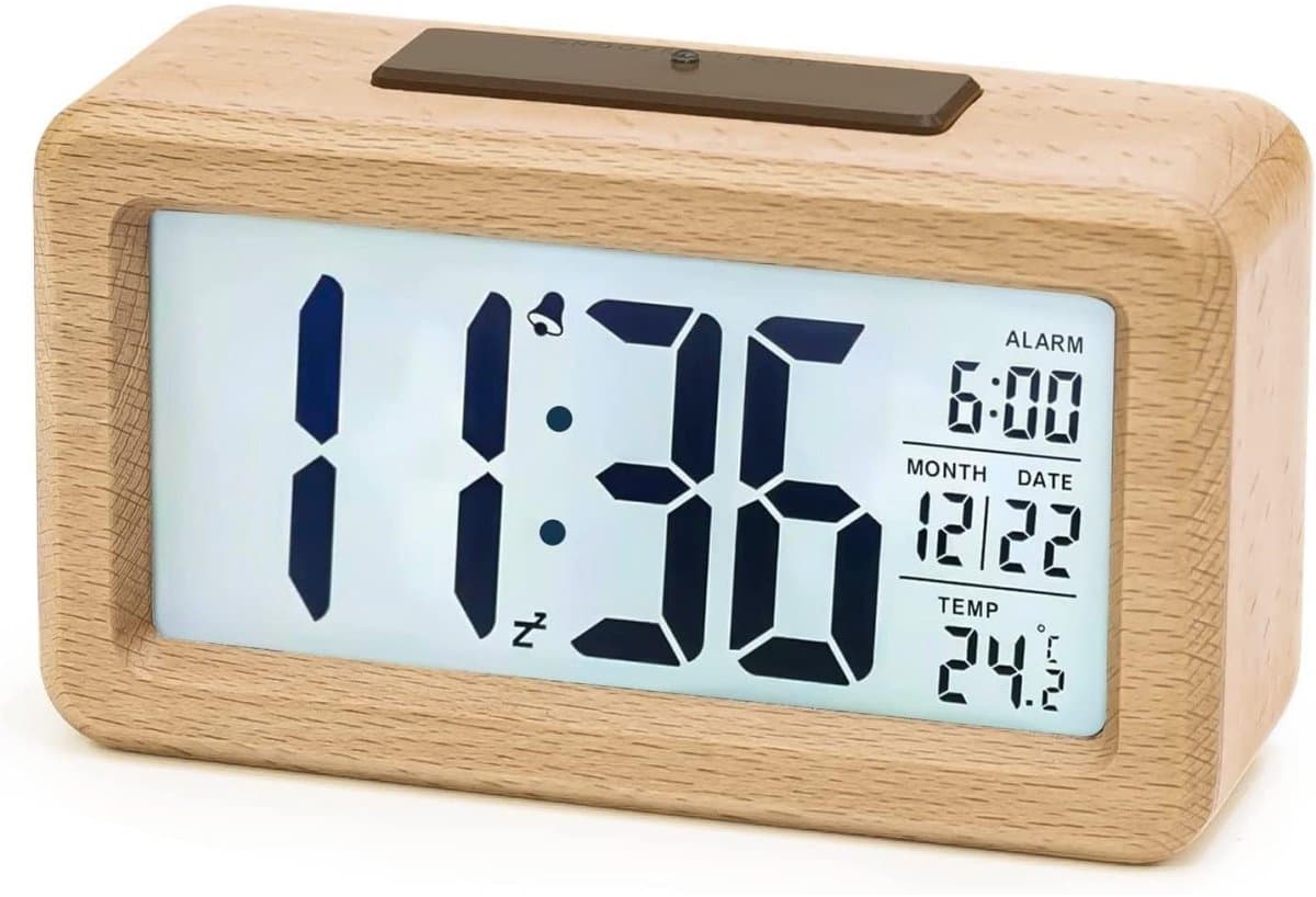 GELLDG Digitale wekker - Houten - Met sensormodule - Groot display desktopklok - Datum- en temperatuurweergave - Nachtlampje - Digitale klok met snoozemodule - Batterijen niet inbegrepen — afbeelding 1
