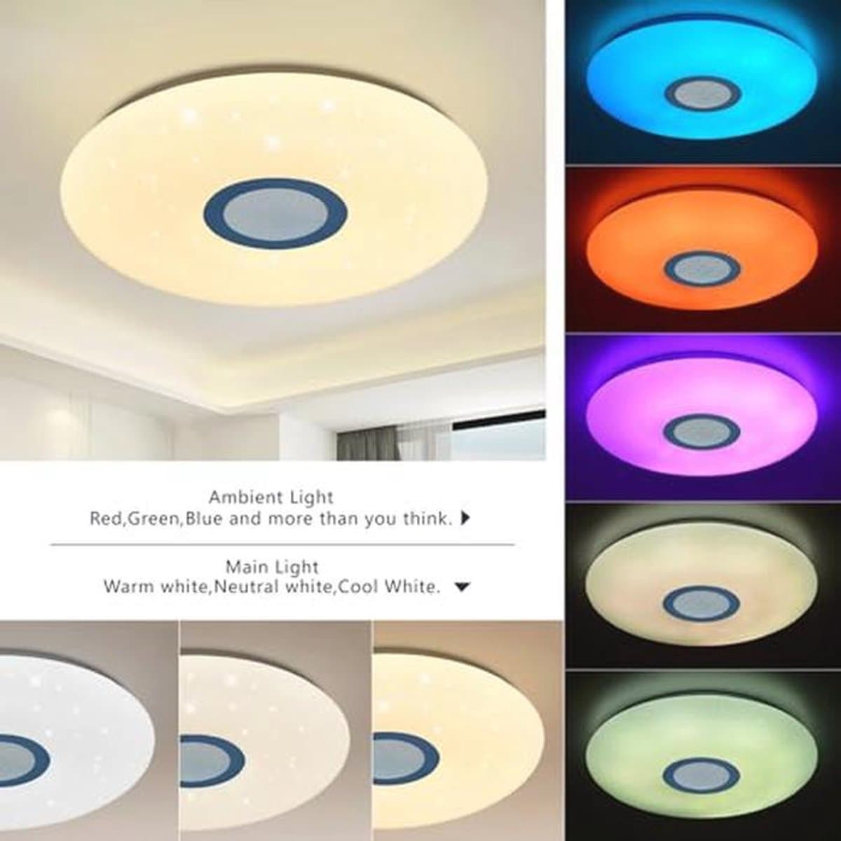 Bluetooth Plafondlamp 54W Ø 50CM met Luidspreker, Afstandsbediening en App-Bediening - Dimbaar, RGB Kleurverandering, Sterrenhemel Lamp met Witte Ruis — afbeelding 1