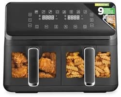 Dubbele Mand Luchtfriteuse 8.8 QT | Gezinsformaat Olievrije Friteuse met 360° Heet Lucht Technologie | 9 Voorgeprogrammeerde Kookopties