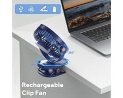 USB Tafelventilator met Clip en LED Licht - Draagbare Bureauventilator met 4000 mAh Accu voor Stil Gebruik in Slaapkamer en Kantoor