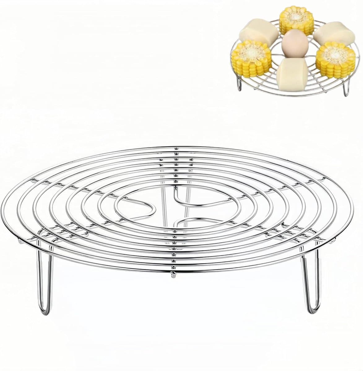 1 stuk - Rond stoomrek - Stoomrek van roestvrij staal - Stalen onderzetter - Keukenkoelrek - Draadstoomrekstandaard - Voedselstoomrek - Bakrek voor de airfryer - Stoomrek voor pannen - Geschikt voor grillen, koken en stomen (zilver) — afbeelding 1