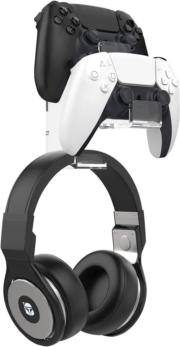Dubbele Gamepad Houder en Headset Hanger voor Gamecontrollers - Wandmontage - Geschikt voor STEAM, PS3, PS4, PS5, pc - Universele Headset Stand - Transparant — afbeelding 1