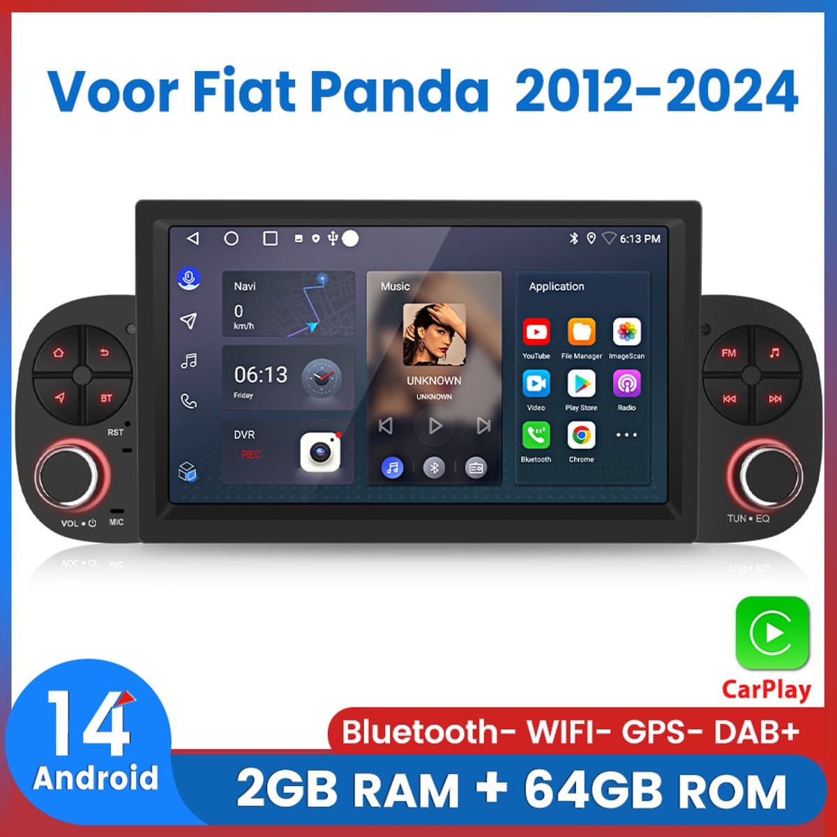 Awesafe Autoradio - Geschikt Voor Fiat Panda 2012 t/m 2024 - 7 inch IPS Scherm - Draadloos Apple CarPlay & Android Auto - Ram 2GB + Rom 64GB - GPS Navigatie Bluetooth WIFI - Radio Scherm - Navigatiesysteem Auto — afbeelding 1
