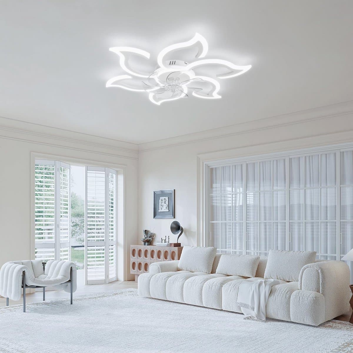 Slimme plafondventilator met LED verlichting, afstandsbediening, en spraakbediening - Stil in zomer/wintermodus, witte kleur — afbeelding 1