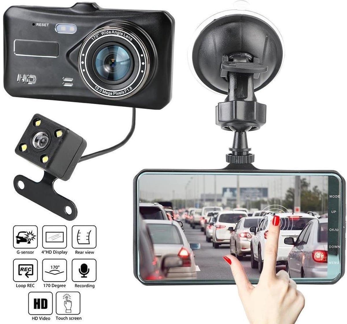 DrPhone DC7 Auto Dashcam Voor en Achter - Video Recorder FHD 1080p- 4 Inch Touchscreen - Loop Opname - G-sensor - 170 ° Groothoek – Nachtzicht (WDR)- Bewegingsdetectie — afbeelding 1
