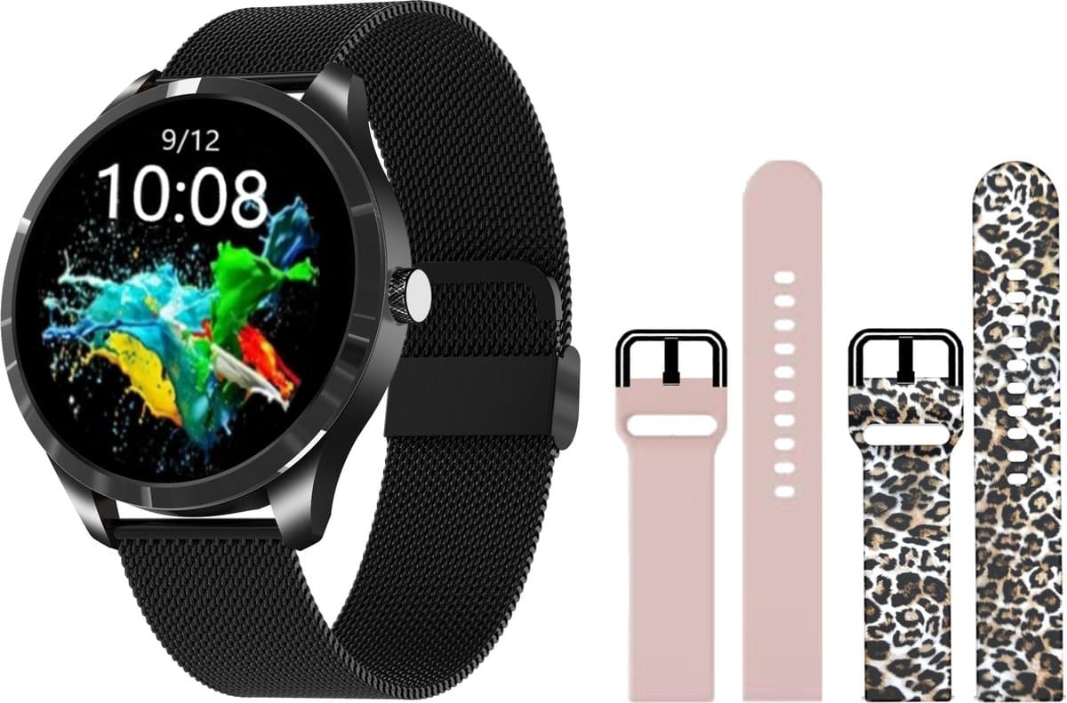 Belesy® Q9 Pro - Smartwatch Dames – Smartwatch Heren - Horloge - 1.28 inch - Kleurenscherm - Stappenteller - Bloeddruk - Hartslag - 75+ Wijzerplaten – Sporten – Milanees – Staal – Zwart - Kerstcadeau — afbeelding 1