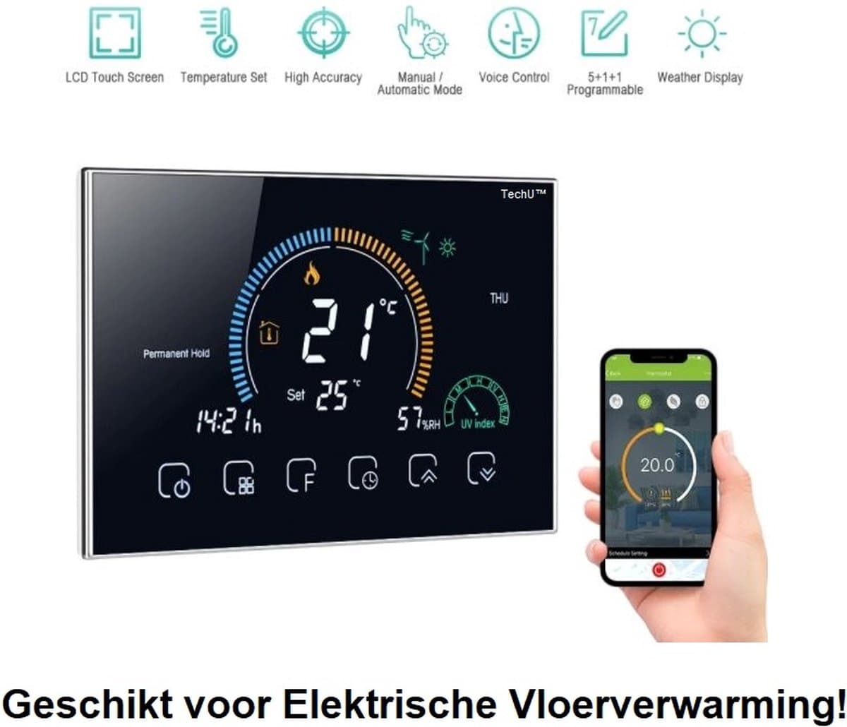 TechU™ Smart Thermostaat Relax – Zwart – Alleen voor Elektrische Vloerverwarming! – App & Wifi – Google Assistant & Amazon Alexa — afbeelding 1