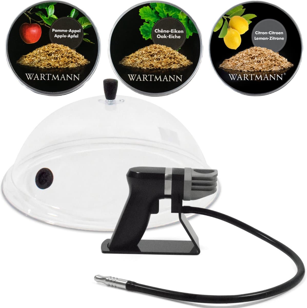 Wartmann 1907SK - Rookpistool Deluxe Pakket - Smoking Gun - Stolp - 3 Smaken Rookmot - Koud Roken - Foodsmoker - Cold Smoke - Rookapparaat - Eik, Appel en Citroen - Mat Zwart — afbeelding 1