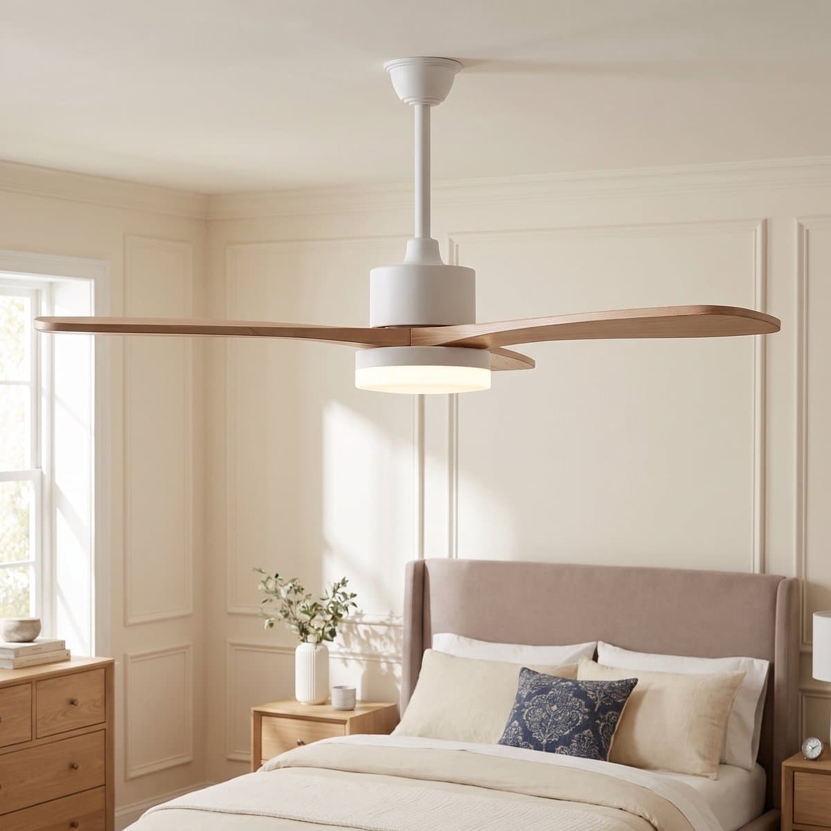 Plafondventilator met lamp - Diameter 106.6 cm - LED dimbaar & 6 snelheden - Massief houten bladen - Modern - Natuurlijk hout en Wit — afbeelding 1