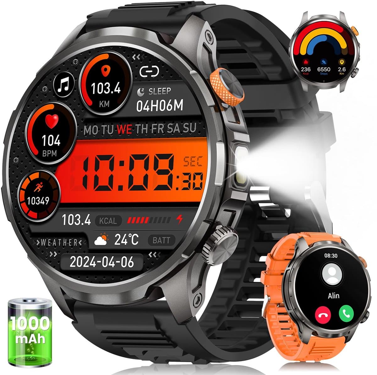 FOSMET Smartwatch Heren - Stappenteller - 1500mAh Heren Militaire Smartwatch - 1.91" AMOLED Groot Display - IP68 Waterdicht - Fitness Tracker met Hartslagmeter - SpO2 - Slaapmonitor - 150+ Sportmodi - Belfunctie - Geschikt voor Android en iOS — afbeelding 1