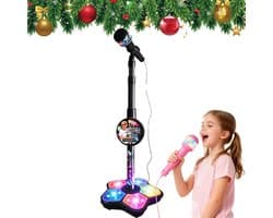Zwart Karaokemicrofoon voor kinderen met verstelbare standaard – draagbare microfoon om mee te zingen, in hoogte verstelbaar, met knipperende lichtshow in de voet – voor jongens en meisjes van 3 tot 6 jaar