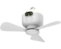 Draagbare campingventilator - 10,6 inch - Tentplafondventilator - 8000mAh oplaadbare batterij - Met licht en haak - Verwijderbare ventilatorbladen - Voor tent, camper, veranda, strand, slaapkamer en andere plaatsen.
