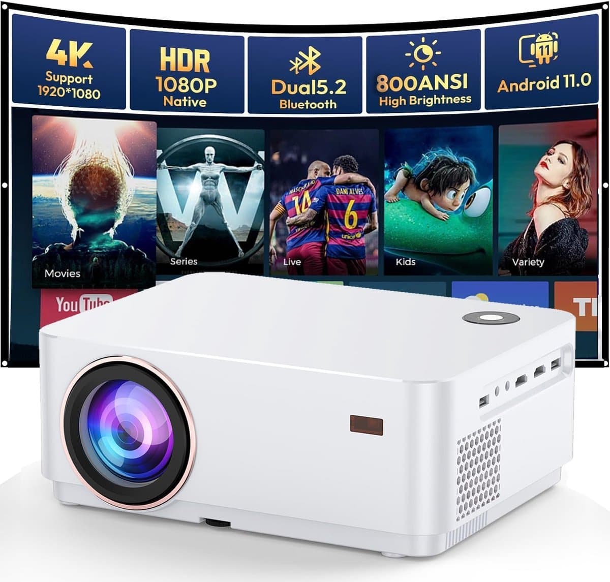 Bluetooth beamer, 4K, Android OS-projector, Native 1080P met autofocus, 800 ANSI lumen, mini-projector voor thuisbioscoop, outdoor, tuin, woonkamer, 9000+ apps, HDMI USB (wit) — afbeelding 1