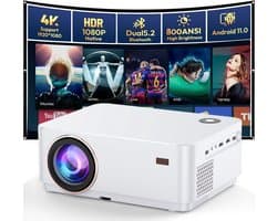 Bluetooth beamer, 4K, Android OS-projector, Native 1080P met autofocus, 800 ANSI lumen, mini-projector voor thuisbioscoop, outdoor, tuin, woonkamer, 9000+ apps, HDMI USB (wit)