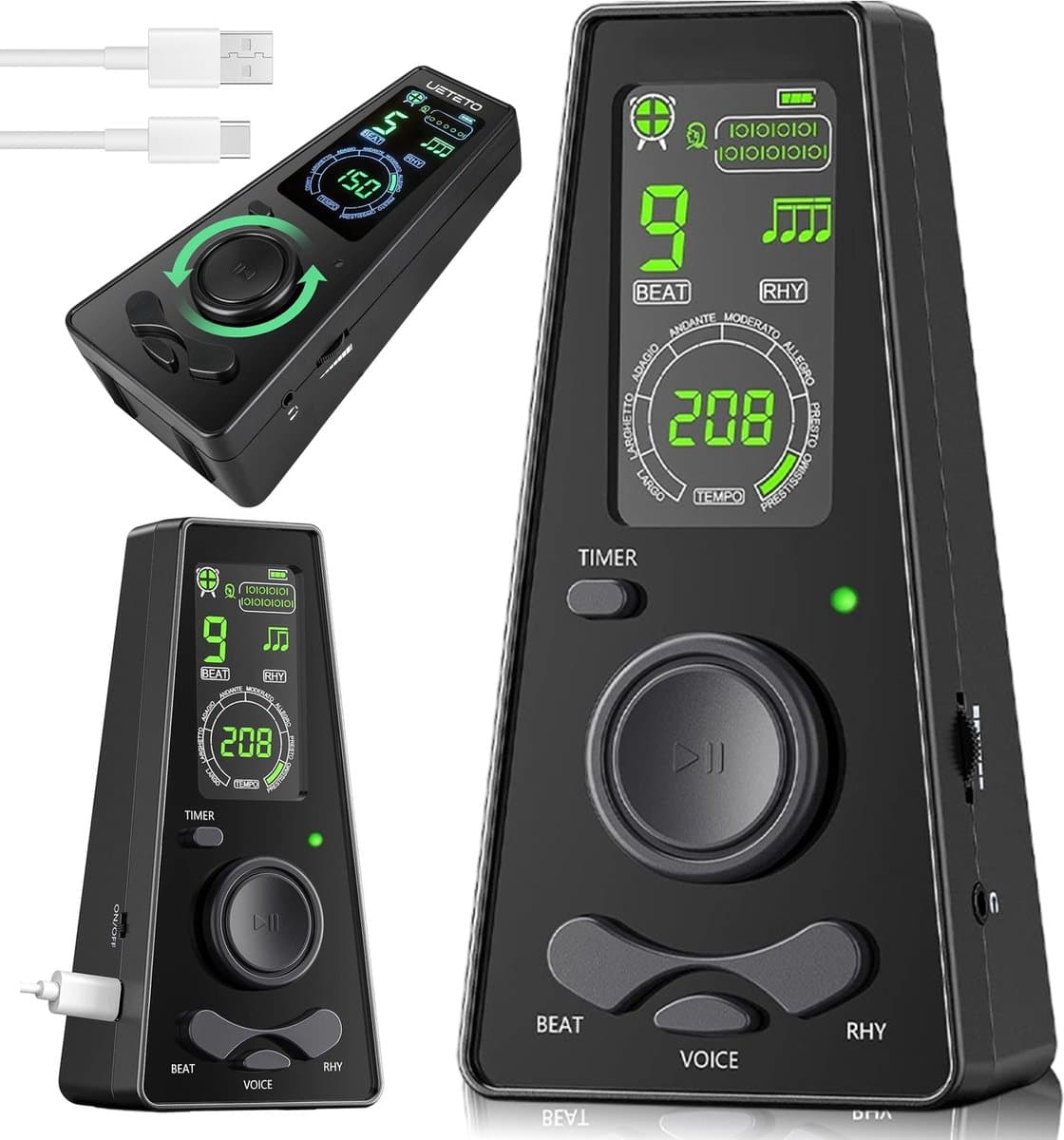 Digitale Metronoom - Elektronische Metronoom - 40-208 BPM - LCD-Display met Draaiknop - 9 Ritmepatronen en Instelbaar Volume - USB en 3 AAA-Batterijen - Voor Piano, Gitaar, Viool, Drums en Muziekoefening — afbeelding 1