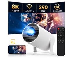 Mini Beamer 720P HD – 290 ANSI Lumen – Android 14 – WiFi 6 – Bluetooth 5.4 – 180° Draaibaar – 140 inch