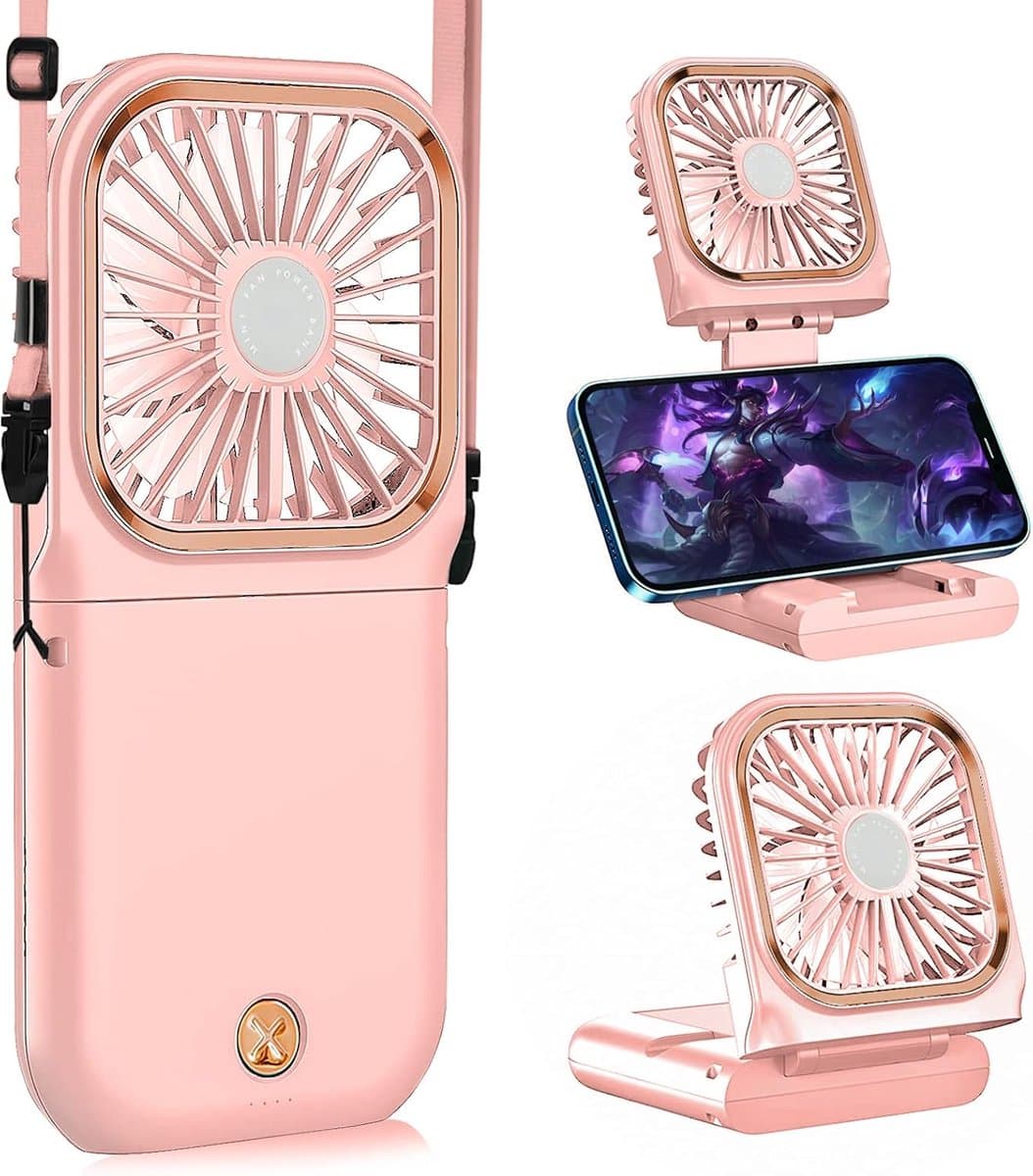 180° Opvouwbare Ventilator - 1 stuk - 167×80×19mm - Drie windsnelheden - 3000mAh batterij - Kan als powerbank gebruikt worden - Mini elektrische handventilator - Geschikt voor op reis, op kantoor en op vakantie - Roze — afbeelding 1
