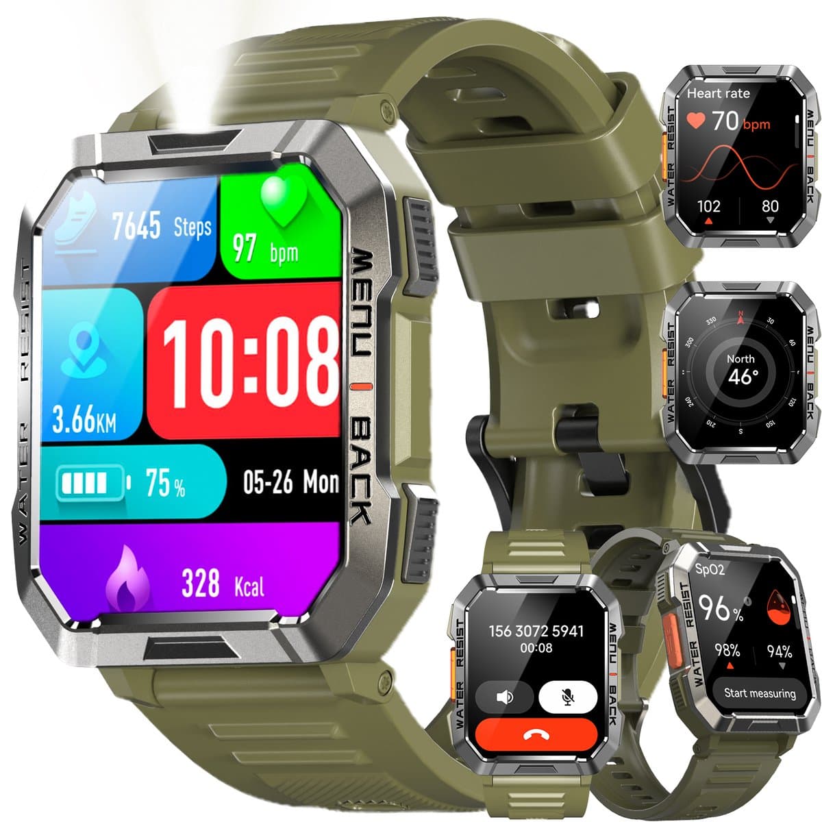 Blackview Smartwatch Heren - W60-Rugged Sporthorloge - Outdoorhorloges- Stappenteller - Hartslagmeter - Slaapmonitor - Belfunctie - LED Zaklamp - Geschikt voor Android en iOS - Groente — afbeelding 1