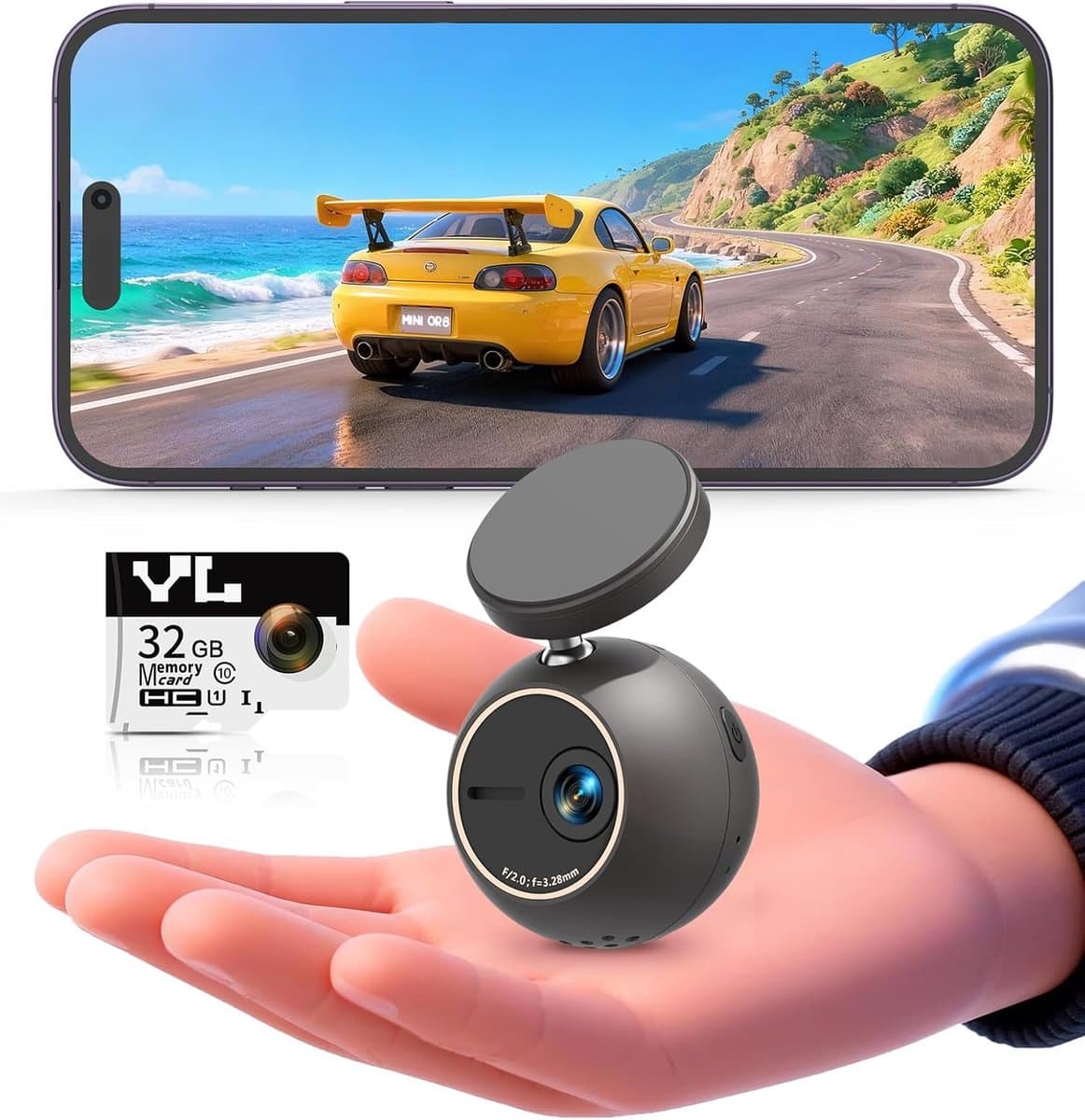 Thijox - Dashcam 2K met Spraakbesturing, Mini-Kogelfrontcamera, 360° Draaibare Houder, 32 GB SD-kaart, Wifi & App, G-sensor, NightEagle Engine, 24-uur — afbeelding 1