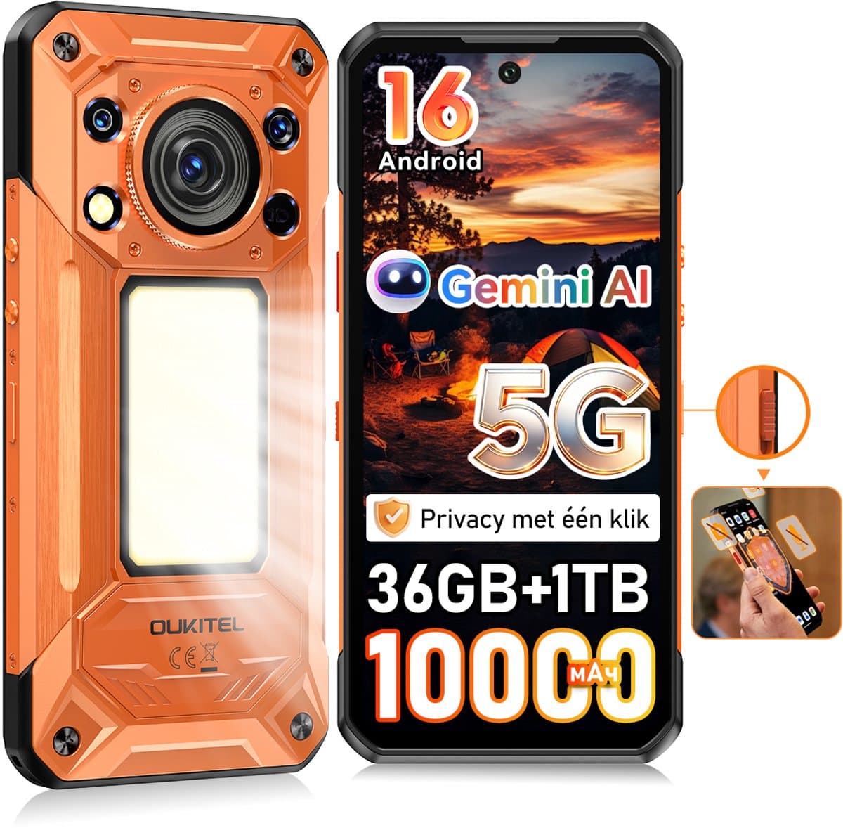 Robuuste smartphone - OUKITEL WP500 - 6,78'' FHD+ scherm - 32GB RAM - 1TB ROM - 10000 mAh 45W - 5G Dual SIM - NFC GPS 2026 nieuw - Oranje — afbeelding 1