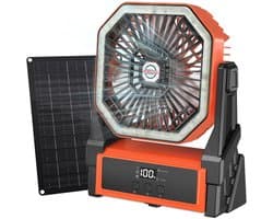 Zonne Ventilator 10000mAh – Met 10W Zonnepaneel – LED-Verlichting – 4 Snelheden – Timerfunctie – Draagbare Campingventilator