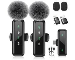 Draadloze Microfoon - 2 Stuks - USB-C & Lightning - Plug Play - Ruisonderdrukking - Windkapjes - Voor Vlogs, Interviews en Livestreams - Zwart
