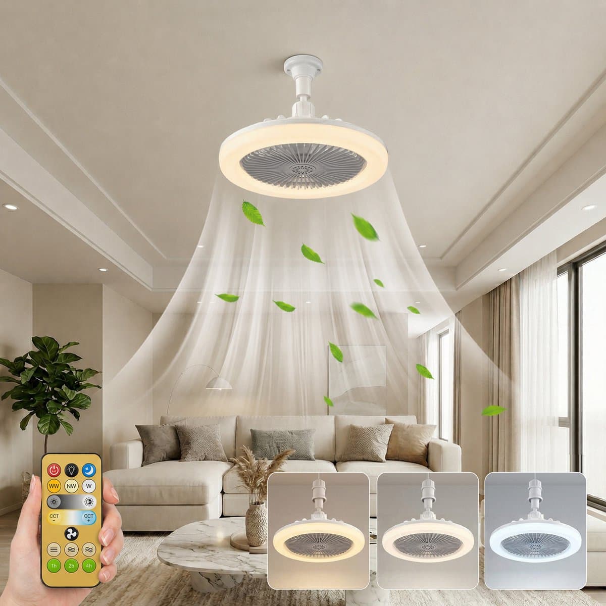 MUPOO E27 Ventilator Lamp met Afstandsbediening - 360° Draaibaar - Dimbaar - Ø 25cm -3 Kleurtemperatuur & Snelheden - Bespaar Ruimte - Voor Garage, Keuken & Berging - Grijs — afbeelding 1