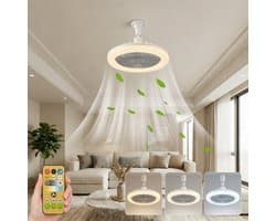 MUPOO E27 Ventilator Lamp met Afstandsbediening - 360° Draaibaar - Dimbaar - Ø 25cm -3 Kleurtemperatuur & Snelheden - Bespaar Ruimte - Voor Garage, Keuken & Berging - Grijs — afbeelding 1