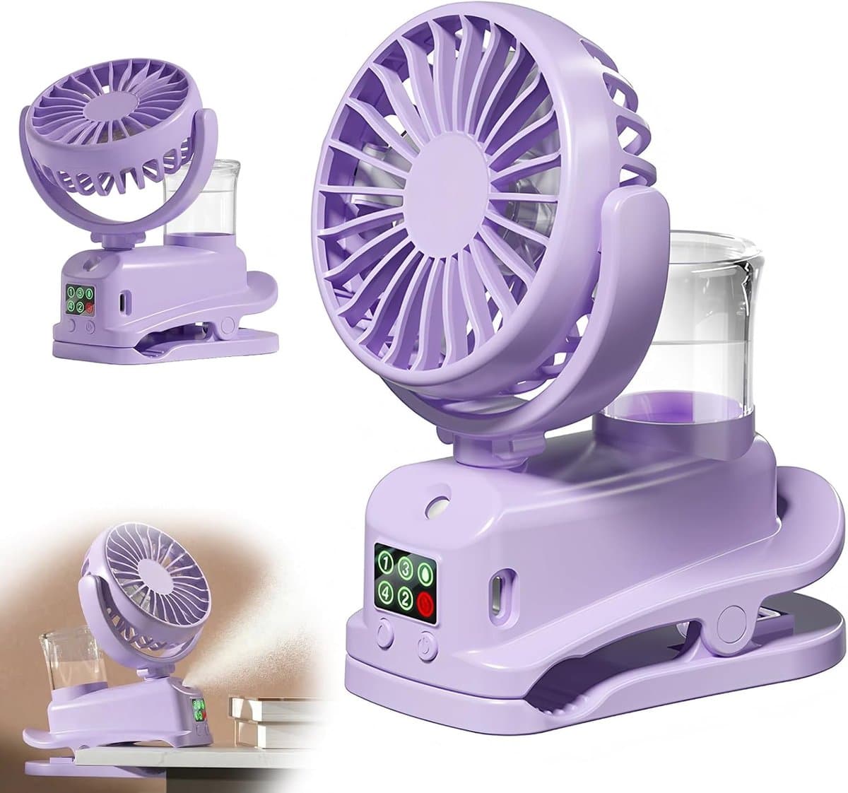 Mini USB-clipventilator, mini oplaadbare luchtbevochtiger met nevel, 4 windsnelheden, tafelventilator, mini draagbare ventilator voor thuis, bureau en kantoor (paars). — afbeelding 1