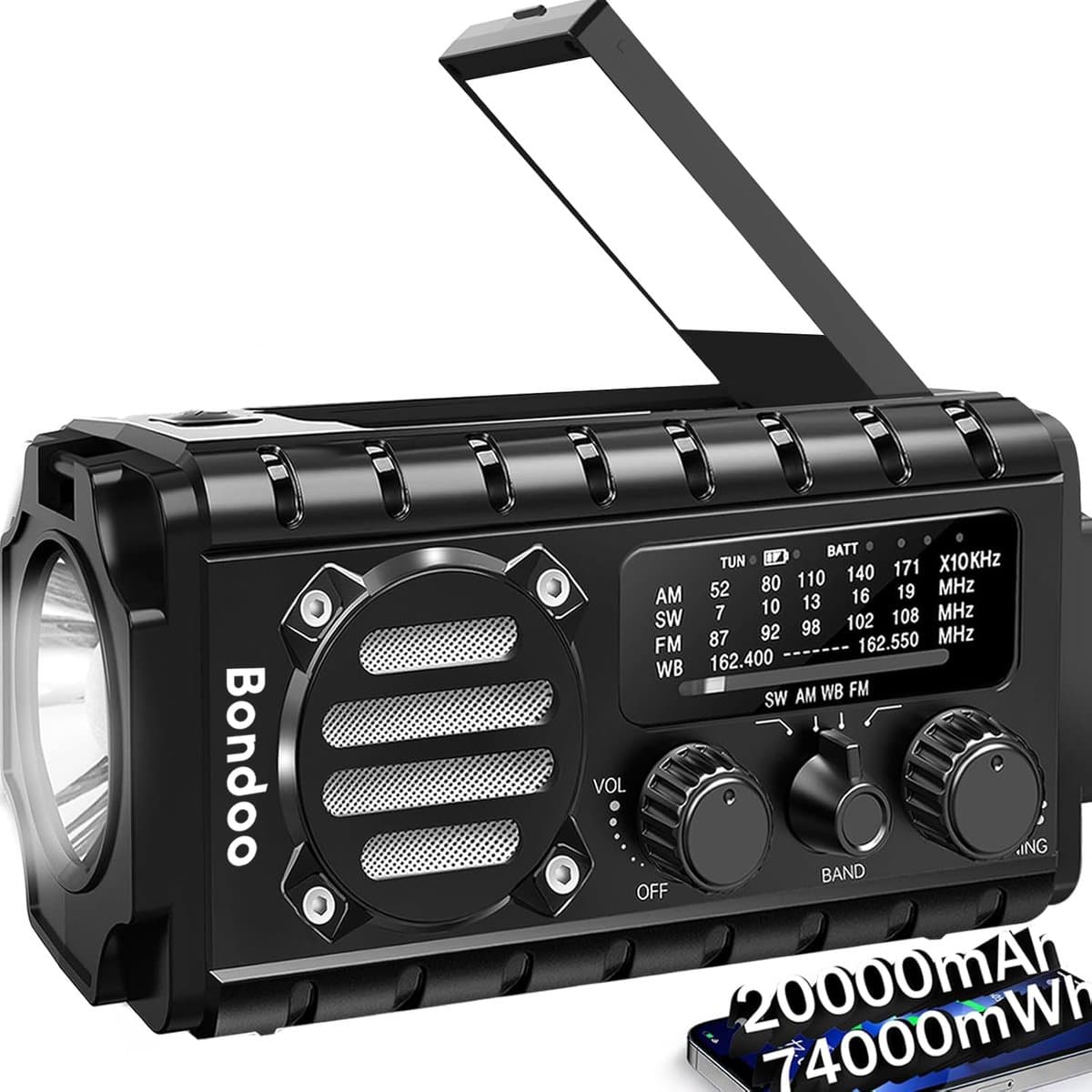 Bondoo Noodradio 20000 mah – Noodradio solar opwindbaar - Noodradio opwindbaar en batterij - Radio noodpakket - Draagbare radio – Noodradio DAB+ - Powerbank zonneenergie - Met zaklamp & SOS-knop - Zwart — afbeelding 1