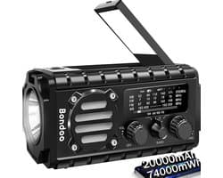 Bondoo Noodradio 20000 mah – Noodradio solar opwindbaar - Noodradio opwindbaar en batterij - Radio noodpakket - Draagbare radio – Noodradio DAB+ - Powerbank zonneenergie - Met zaklamp & SOS-knop - Zwart