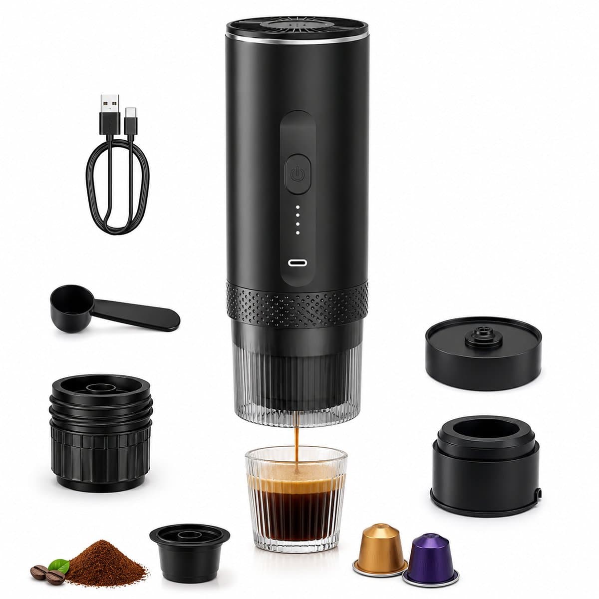 ITRONIQ Draagbare Espressomachine Met Accu - Draadloze Mini Koffiemachine 15 Bar - Voor Nespresso Capsules&Gemalen Koffie - Zwart — afbeelding 1