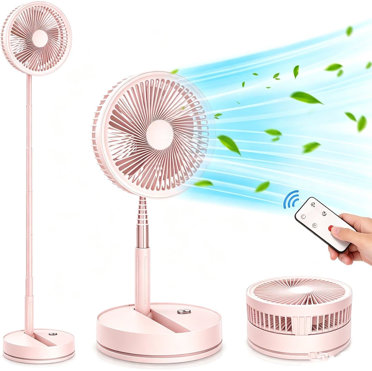 Kraftverdia Opvouwbare vloerventilator – Draagbare ventilator – Reisventilator – Stille bureauventilator – 4 snelheidsstanden – 180 graden verstelbare hoek – Geschikt voor slaapkamer, camping, kantoor en op reis – Roze — afbeelding 1