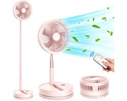 Kraftverdia Opvouwbare vloerventilator – Draagbare ventilator – Reisventilator – Stille bureauventilator – 4 snelheidsstanden – 180 graden verstelbare hoek – Geschikt voor slaapkamer, camping, kantoor en op reis – Roze