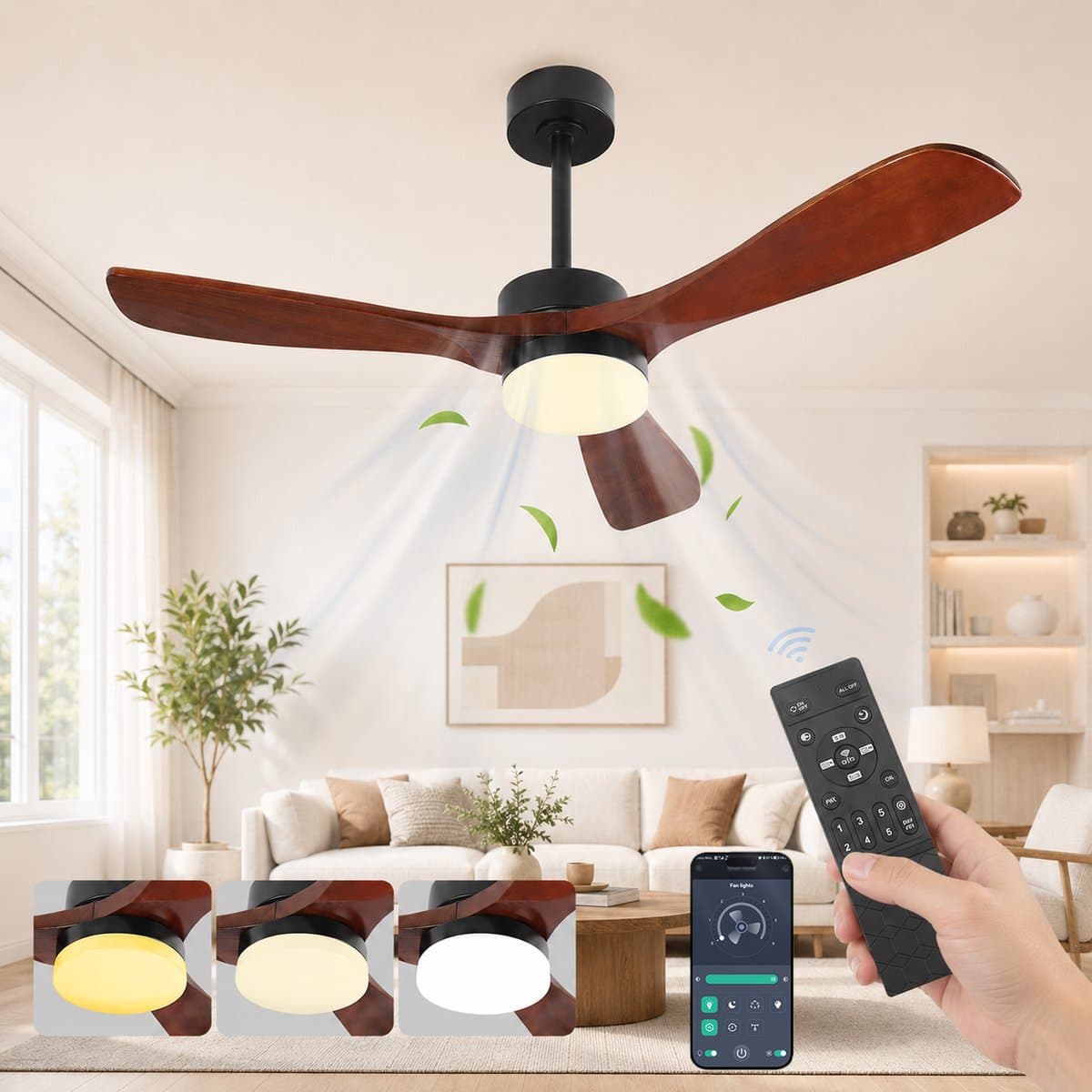 MUPOO Scandinavische hout Grote Plafondventilator met Verlichting 132 cm - Muisstil DC Motor & Afstandsbediening - APP & Zomer- en Winterstand - 6 Snelheden & Timer - plafonniere met ventilator voor Woonkamer, Hoge Plafonds & Eetkamer — afbeelding 1