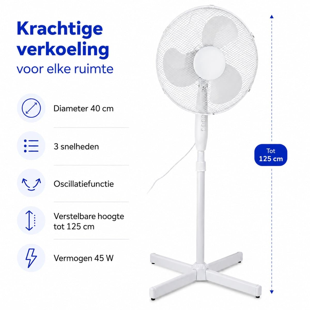 Krachtige Staande Ventilator – 40 cm – 3 Snelheden – Oscillatiefunctie – Verstelbare Hoogte tot 125 cm – 45 W – Wit — afbeelding 1