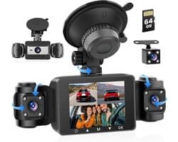 SnelShoppen - 4-kanaals Dashcam Auto 360 Graden FHD 1080P - Loopopname, G-Sensor, Nachtzicht, Parkeerbewaking, Back-upassistent met 64 GB SD-kaart