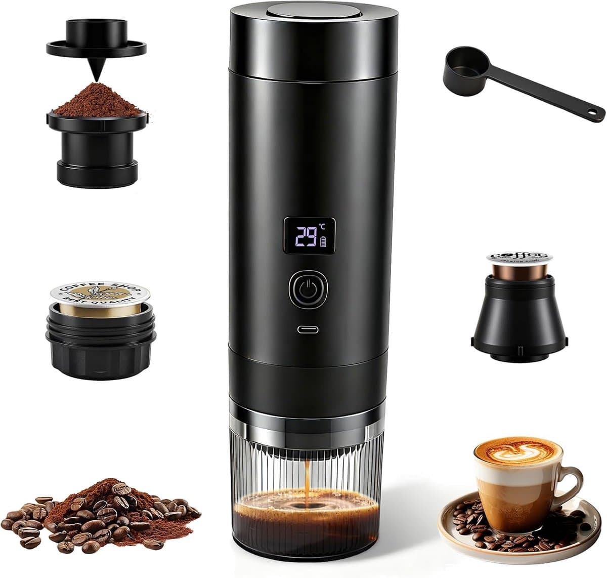 SnelShoppen - Draagbare Espressomachine Klein 20 Bar, 3-in-1 Mini Koffiemachine voor Cups & Maling, Accu 7800mAh USB-C, Mobiele Koffiemachine voor Cam — afbeelding 1