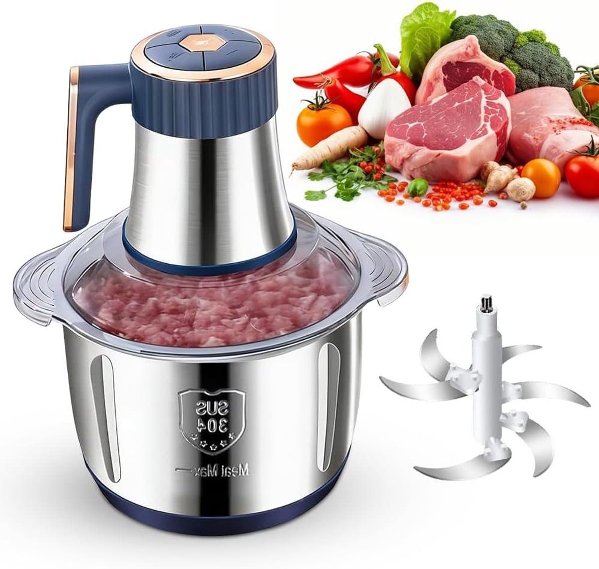Elektrische Keuken chopper - Keukenmachine Hakmolen - Snel Ingrediënten Hakken - 5L RVS Kom - 500 W - Zilverkleurig — afbeelding 1