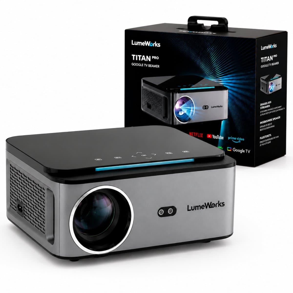 LumeWorks Titan Beamer - Google TV - 900 ANSI Lumen - Full HD 1080P - Beeld tot 250 inch - Bluetooth 5.4 - Streamen vanaf Telefoon - Thuisbioscoop — afbeelding 1