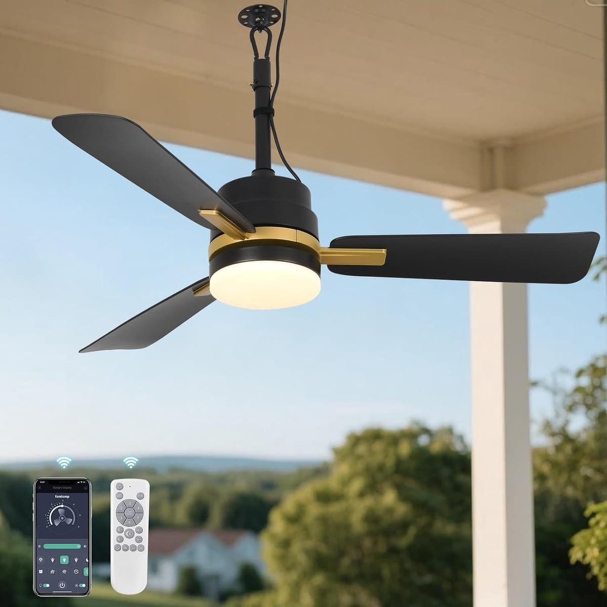 Buiten Ventilator 3 blad Ø105cm zwart - stille ventilator – plug-in plafondventilator - binnen- en buitengebruik - energie zuinig – met remote & app - ventilator - 6 snelheden – beste alternatief voor airco - zomer en winter stand – 240 cm snoer — afbeelding 1