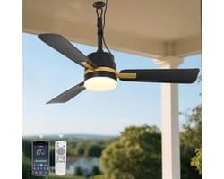 Buiten Ventilator 3 blad Ø105cm zwart - stille ventilator – plug-in plafondventilator - binnen- en buitengebruik - energie zuinig – met remote & app - ventilator - 6 snelheden – beste alternatief voor airco - zomer en winter stand – 240 cm snoer