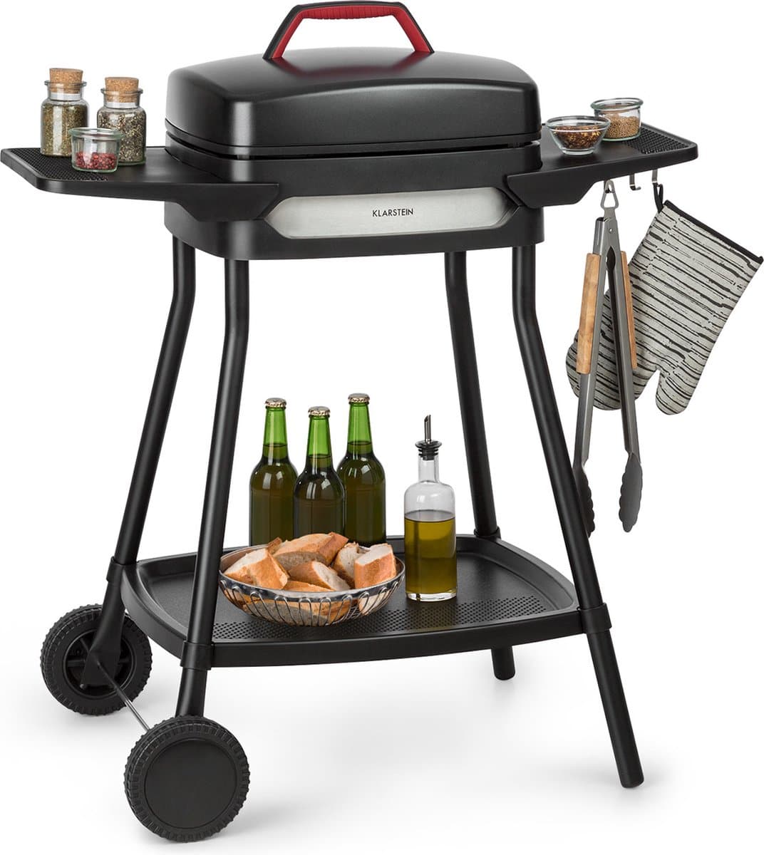 Klarstein Gatsby elektrische barbecuestandaard tafelgrill, vermogen: 2000 W, EasyGrill Concept, grilloppervlak: 40 x 36 cm / gegoten aluminium / antiaanbaklaag / grillmuts, twee zijtafels, zwart - BBQ - 47 cm - RVS - RVS — afbeelding 1
