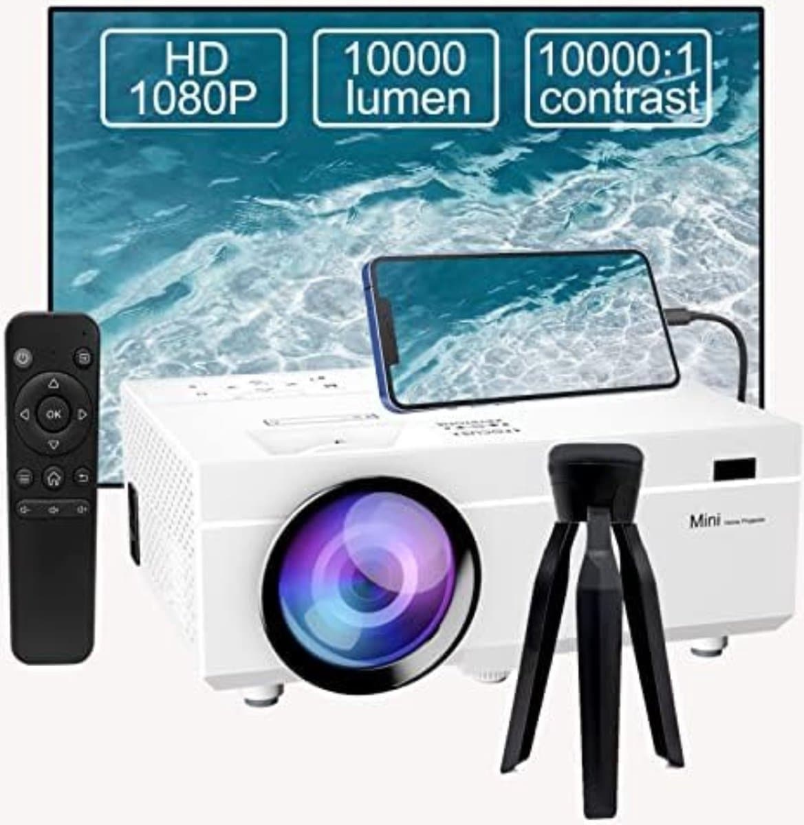 Mini Beamer - Bluetooth Audio - Input tot 1080P Full HD - 10000 Lumen - Projector - Mini Projector - HDMI - USB - Wit - Smartphone - Draagbaar - Ingebouwde speaker - Inclusief standaard — afbeelding 1