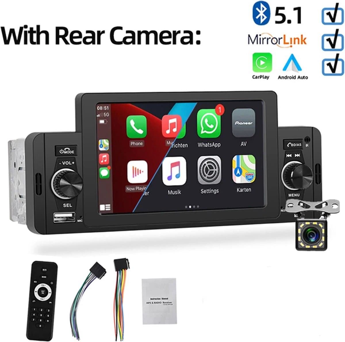 5 Inch Autoradio 1 Din Carplay Android - Apple Carplay- Bluetooth - USB - Camera Auto Multimedia Voor Volkswagen Nissan Toyo -Bluetooth Mirrorlink - FM Ontvanger — afbeelding 1